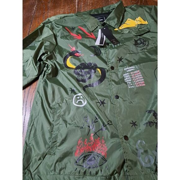 New XL Reason Gritty Coach Jacket Oilve Green Front Snap Long Sleeve Windbreaker - Picture 6 of 11
